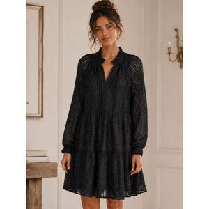 Ellison Black Textured Stripe Tiered Mini Dress Long Sleeves L